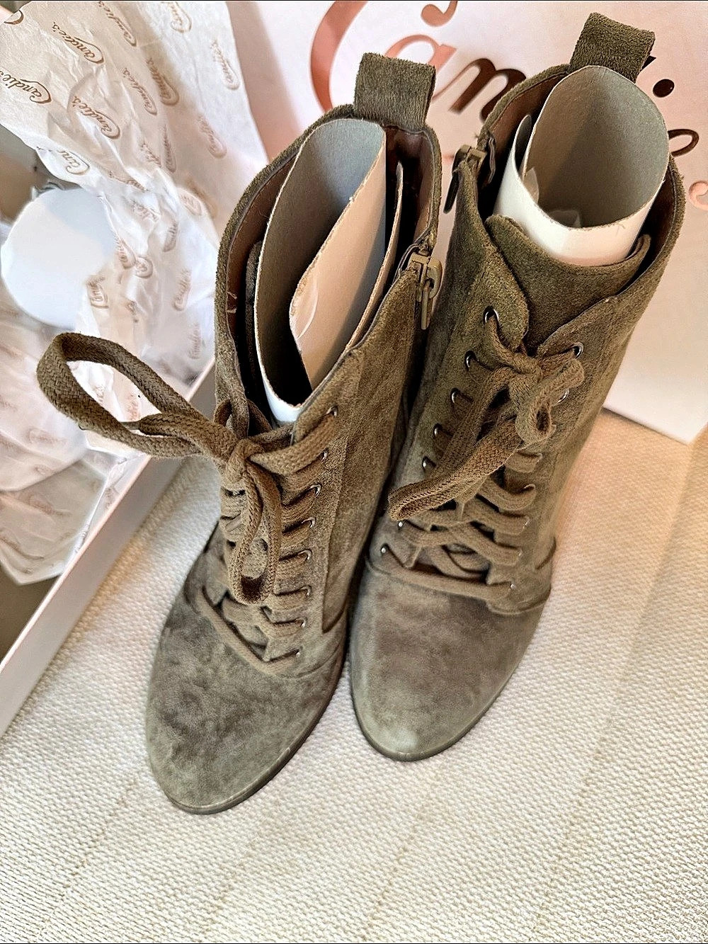 Candie's Olive Green Faux Suede Lace-Up Block Heel Ankle Boots Ankle Booties in